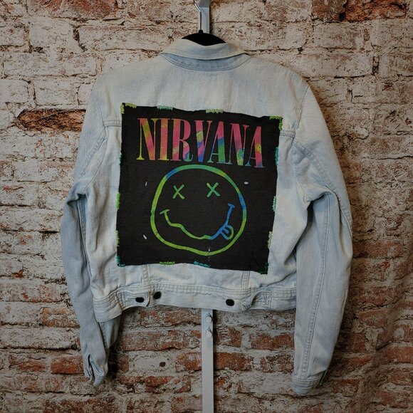 Upcycled Nirvana Band Tee Denim Jean Jacket, size large - Picture 1 of 8